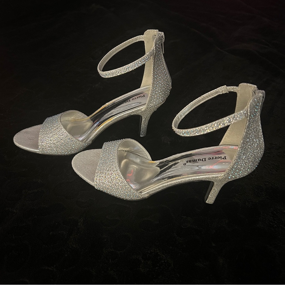 Pierre Dumas Silver Rhinestone Open-Toe Kitten Heels